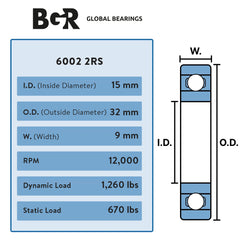 6002-2RS Bearing - Lubricated Chrome Steel Sealed Ball Bearing - 15x32x9mm Bearings with Rubber Seal, High RPM Support, High Quality