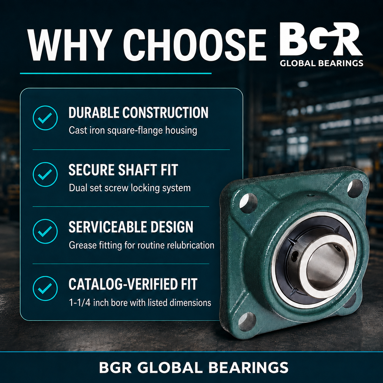 BGR UCF207-20 Pillow Block Bearing – 4-Bolt Square Flange, 1-1/4" Bore
